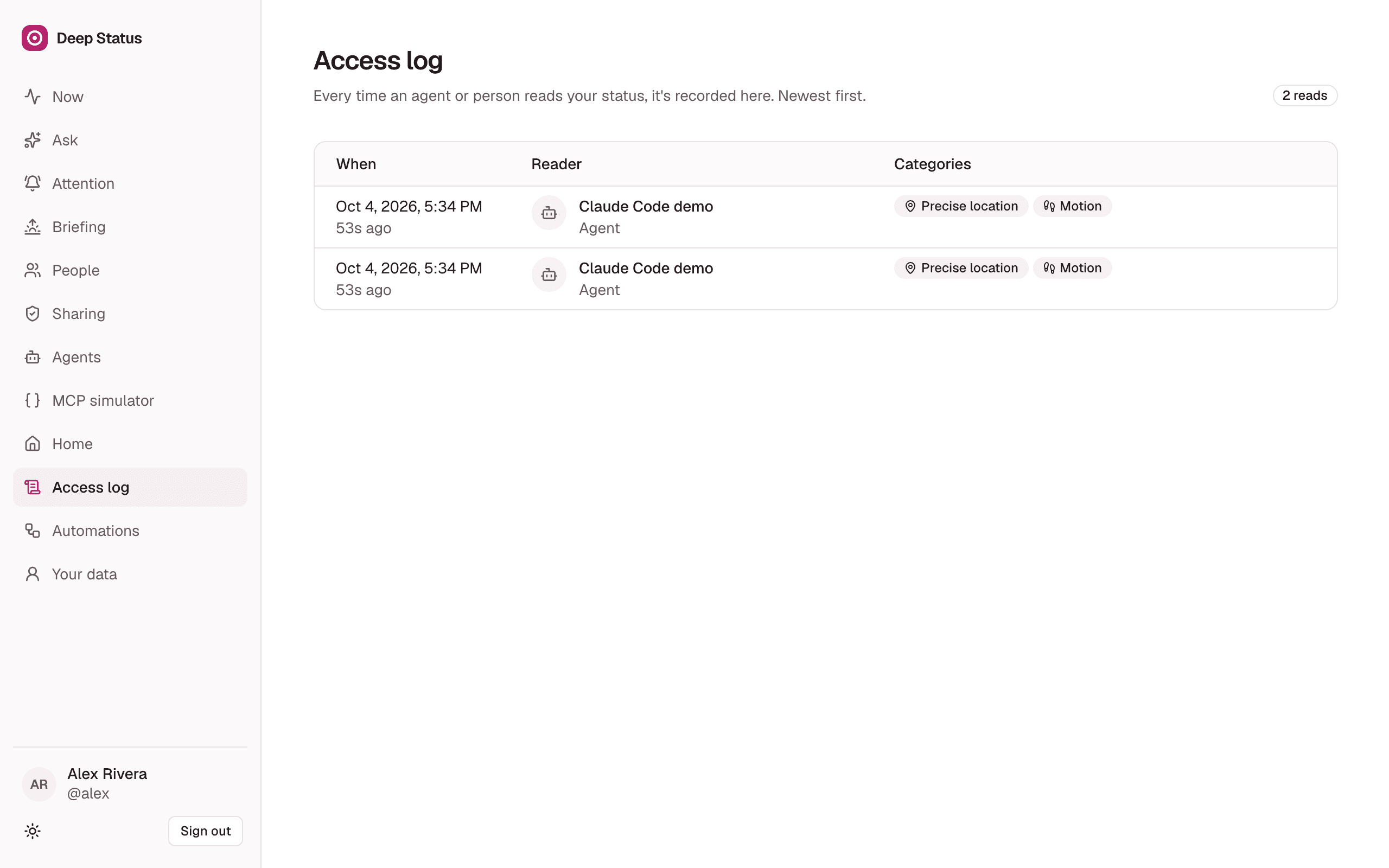 The access log in the Deep web app, listing two reads by an agent named Claude Code demo, with the categories it read