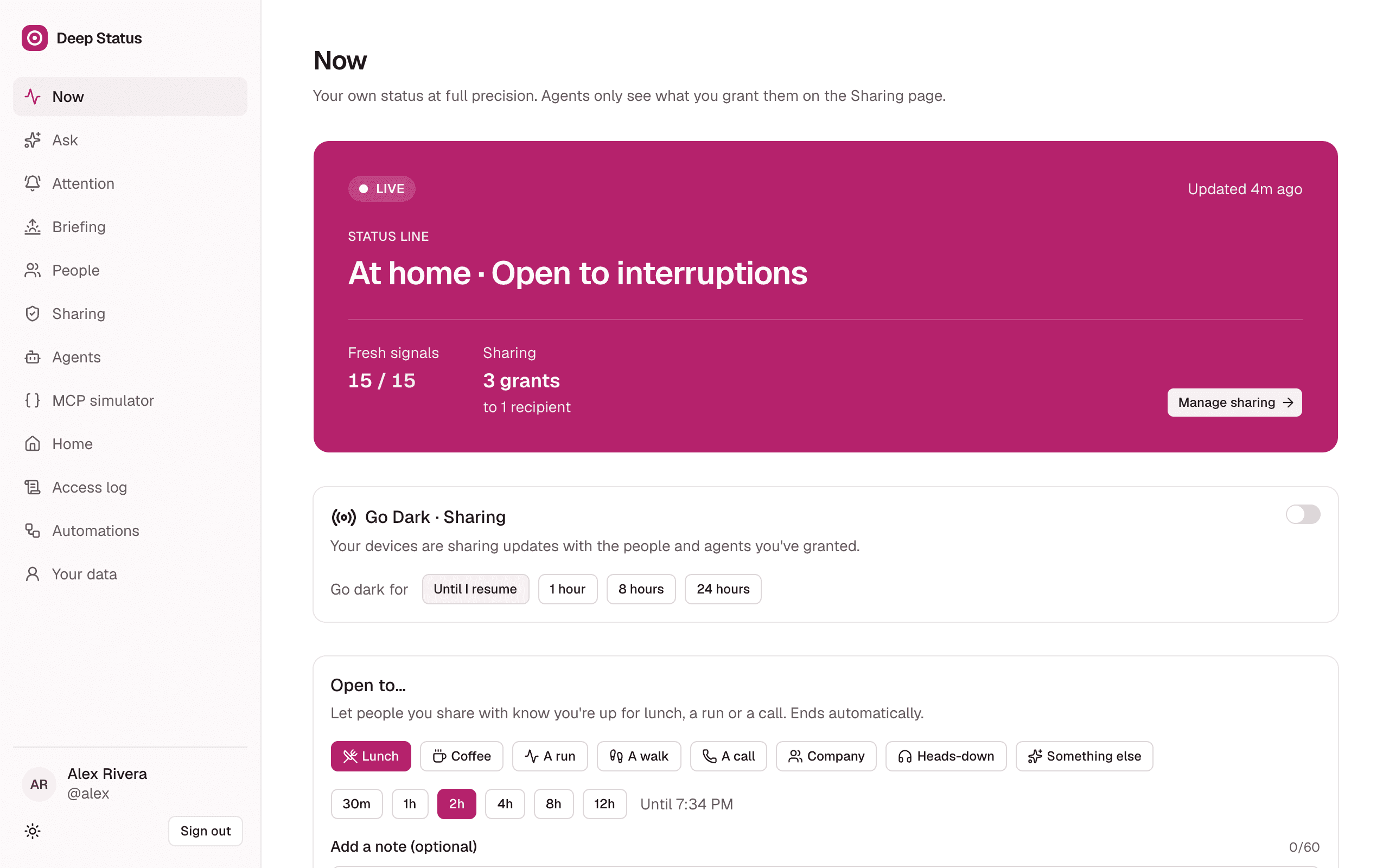 The Now page in the Deep web app: a live status line reading At home, Open to interruptions, the Go Dark controls, and Open to options